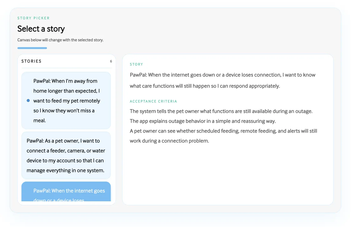 Team Home story picker showing a list of backlog items beside the selected story and its acceptance criteria