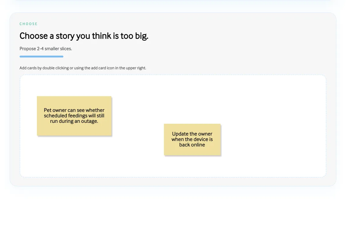 Team Home exercise canvas prompting participants to choose a story that is too big and propose smaller slices